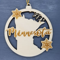 Minnesota Wood Ornament -  MN State Shape with Snowflakes Cutout - Handmade Wood Ornament Made in USA Christmas Decor