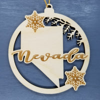 Nevada Wood Ornament -  NV State Shape with Snowflakes Cutout - Handmade Wood Ornament Made in USA Christmas Decor