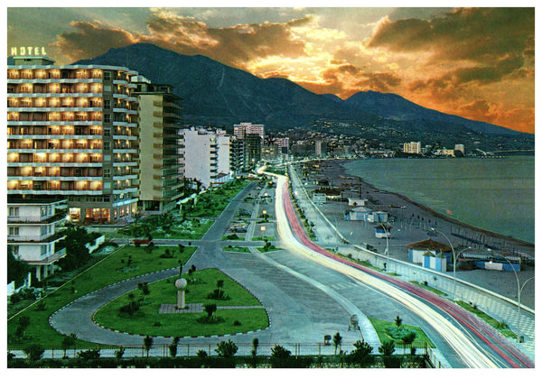 Vintage Spain Postcard 4x6 Costa Del Sol - Fuengjrola 1987 Los Boliches Nighttime Beach Streets Mountains Buildings Hotel