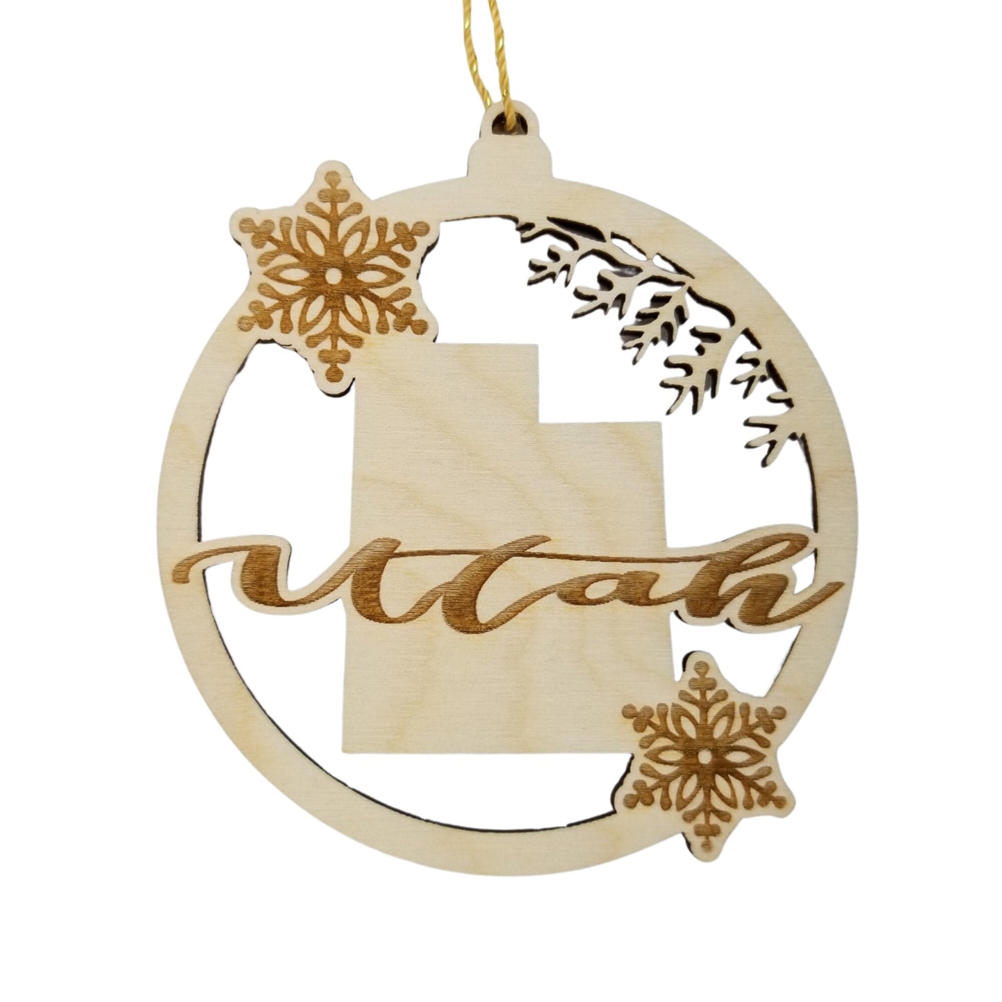 Utah Wood Ornament -  State Shape with Snowflakes UT Cutout - Handmade in USA Souvenir - 15409