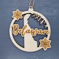 Delaware Wood Ornament -  DE State Shape with Snowflakes Cutout - Handmade Wood Ornament Made in USA Christmas Decor