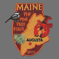 Maine Patch – State Travel Patch ME Souvenir Embellishment or Applique 3" The Pine Tree State Augusta Capital Iron On Black Capped Chickadee