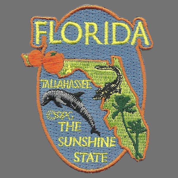 Florida Patch – State Travel Patch FL Souvenir Embellishment or Applique 3" The Sunshine State Tallahassee Capital Oranges Gator Dolphin