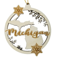 Michigan Wood Ornament -  MI State Shape with Snowflakes Cutout - Handmade Wood Ornament Made in USA Christmas Decor