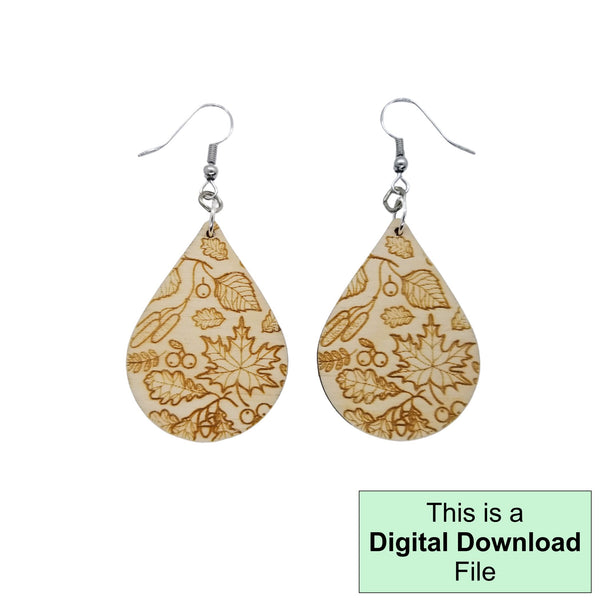Fall Leaves Pattern Teardrop Dangle Earrings Boho Laser Cut and Engrave SVG File Engrave Only Digital Download Cut Your Own Pattern
