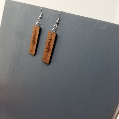 Redwood Earrings - Engraved Tree Rectangle Wood Earrings - California Redwood Dangle Earrings - CA Souvenir Keepsake - Anniversary Gift -