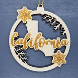 California Wood Ornament -  CA State Shape with Snowflakes Cutout - Handmade Wood Ornament Made in USA Christmas Decor