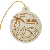 Malibu California Ornament Handmade Wood Ornament Souvenir CA Ocean Beach Waves Palm Trees Surfboards Travel Gift Made in USA