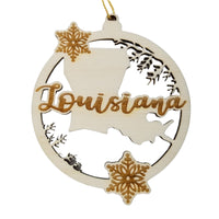 Louisiana Wood Ornament -  LA State Shape with Snowflakes Cutout - Handmade Wood Ornament Made in USA Christmas Decor