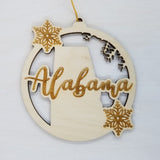 Alabama Wood Ornament -  AL State Shape with Snowflakes Cutout - Handmade Wood Ornament Made in USA Christmas Decor