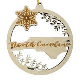 North Carolina Wood Ornament -  NC State Shape with Snowflakes Cutout - Handmade Wood Ornament Made in USA Christmas Decor