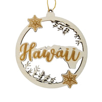 Hawaii Wood Ornament - HI State Shape with Snowflakes Cutout - Handmade Wood Ornament Made in USA Christmas Decor