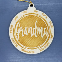 Grandma Christmas Ornament - Character Traits - Handmade Wood Ornament -  Gift for Grandma - Grandma Gift - Kind Helpful Caring 3.5"