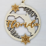 Florida Wood Ornament -  FL State Shape with Snowflakes Cutout - Handmade Wood Ornament Made in USA Christmas Decor