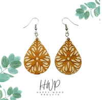 Wood Earrings - Flower Floral Mandala Engraved Teardrop Wood Earrings - Dangle Earrings - Gift