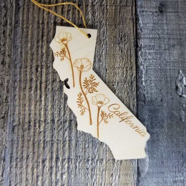 California State Shape Christmas Ornament CA Poppies Handmade Wood Ornament Made in USA