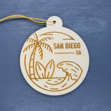 San Diego California Ornament Handmade Wood Ornament Souvenir CA Ocean Beach Waves Palm Trees Surfboards Travel Gift Made in USA