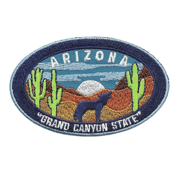 Arizona Patch – Coyote Cactus Sand Dunes Grand Canyon State – Travel Patch AZ Souvenir Embellishment or Applique AZ State 3" Iron On Oval