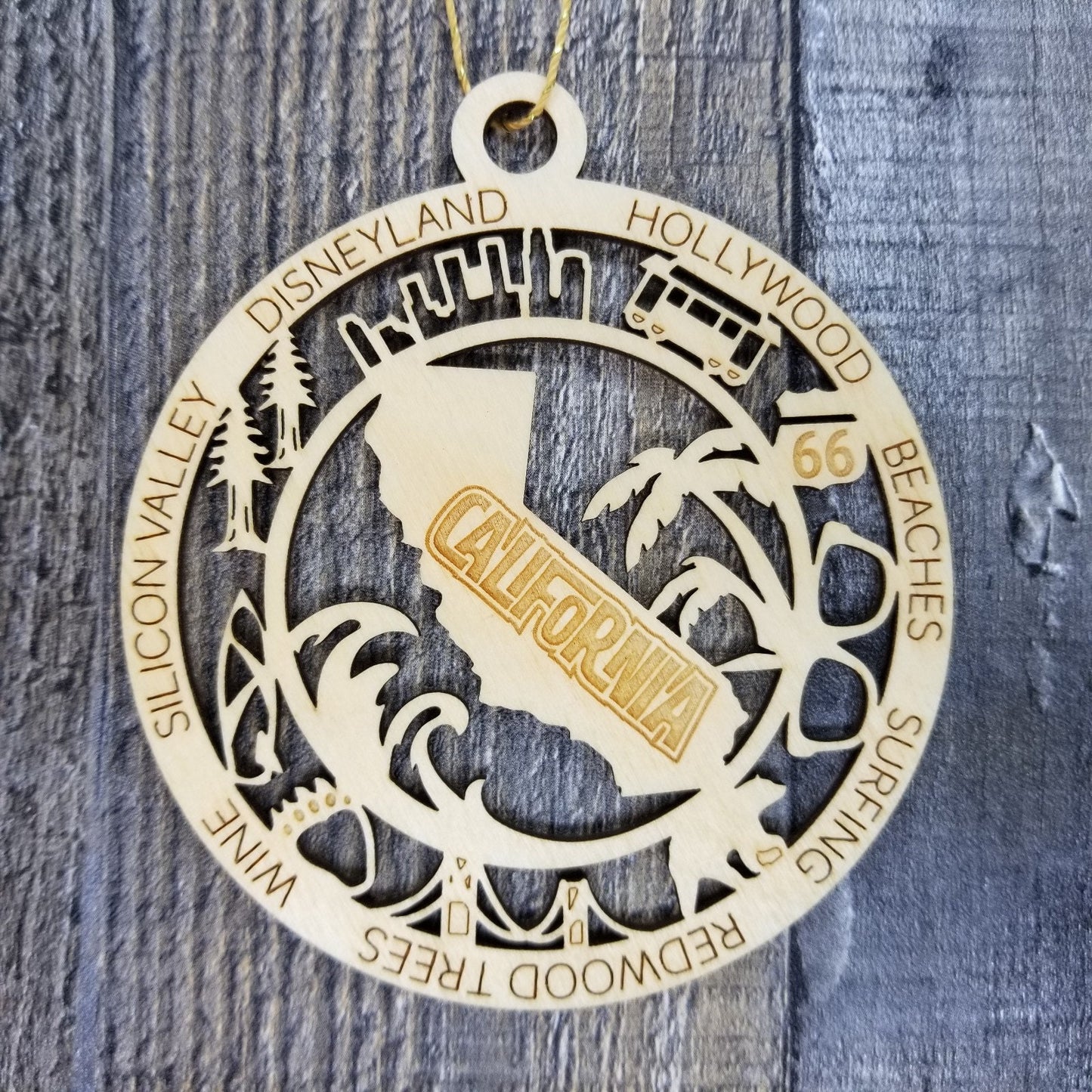 California Wood Ornament -  CA State Shape with CA Icons Collage - Handmade Wood Ornament Made in USA Christmas Decor