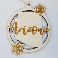 Arizona Ornament - State Shape with Snowflakes Cutout AZ- Handmade Wood Ornament Made in USA Christmas Decor