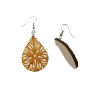 Wood Earrings - Flower Floral Mandala Engraved Teardrop Wood Earrings - Dangle Earrings - Gift