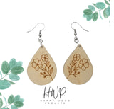 Wood Earrings - Floral 2 Flowers with Buds Engraved Teardrop Wood Earrings - Dangle Earrings - Gift