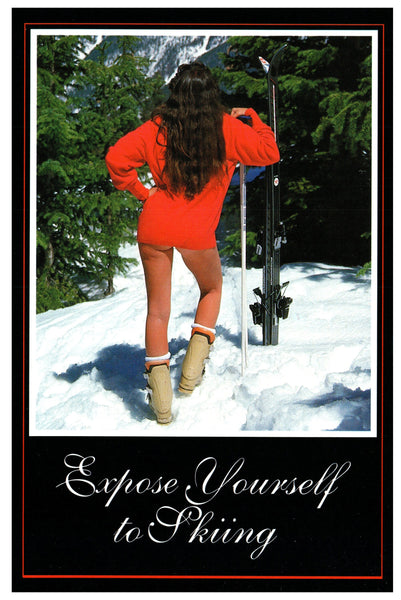 Vintage Snow Skiing Postcard 4x6 Photographer Dick Orwig Expose Yourself to Skiing Women Red Shirt Butt Cheeks Peeking Out with Skis Boots