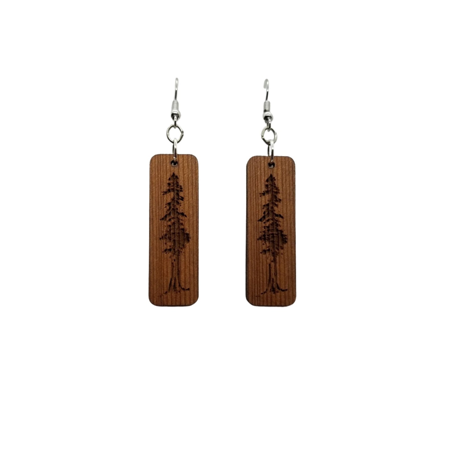 Redwood Earrings - Engraved Tree Rectangle Wood Earrings - California Redwood Dangle Earrings - CA Souvenir Keepsake - Anniversary Gift -