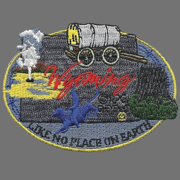 Wyoming Patch – WY State Travel Patch Souvenir Applique 3" Iron On Like No Place on Earth Bucking Bronco Old Faithful Geyser Covered Wagon