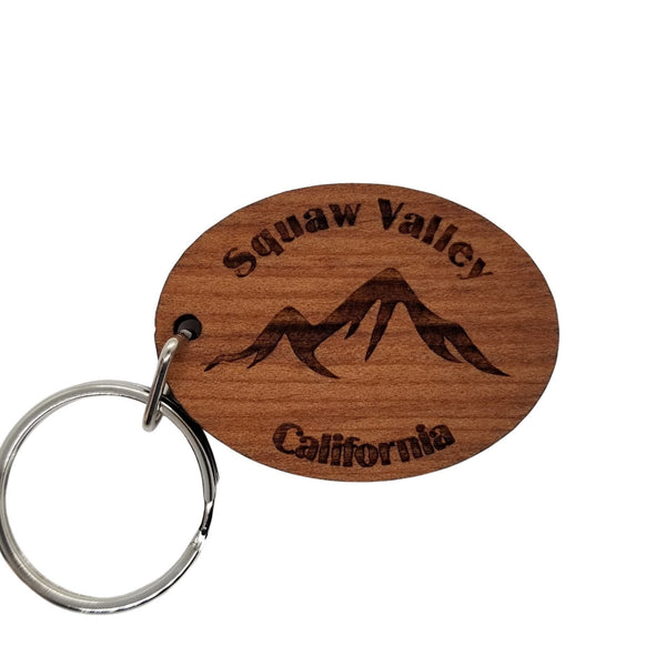Squaw Valley CA Keychain Mountains Wood Keyring California Souvenir Ski Resort Skiing Skier Snowboard Travel Key Tag Bag Palisades Tahoe