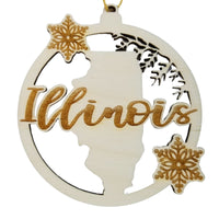 Illinois Wood Ornament -  IL State Shape with Snowflakes Cutout - Handmade Wood Ornament Made in USA Christmas Decor