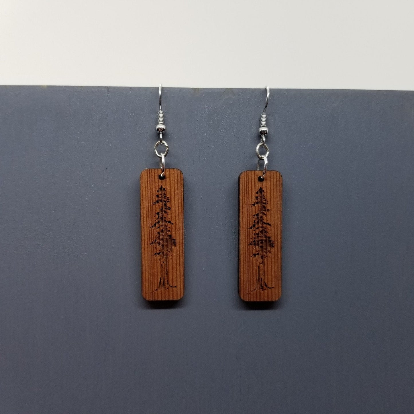 Redwood Earrings - Engraved Tree Rectangle Wood Earrings - California Redwood Dangle Earrings - CA Souvenir Keepsake - Anniversary Gift -