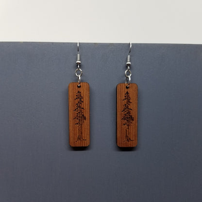 Redwood Earrings - Engraved Tree Rectangle Wood Earrings - California Redwood Dangle Earrings - CA Souvenir Keepsake - Anniversary Gift -