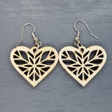 Wood Earrings - Heart Shape Cutout with Star Lightweight Earrings Heart Shaped - Dangle Earrings Drop Earrings - Gift