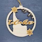 Idaho Wood Ornament -  ID State Shape with Snowflakes Cutout - Handmade Wood Ornament Made in USA Christmas Decor