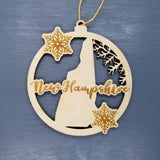 New Hampshire Wood Ornament -  NH State Shape with Snowflakes Cutout - Handmade Wood Ornament Made in USA Christmas Decor