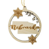 Nebraska Wood Ornament -  State Shape with Snowflakes Cutout NE- Handmade Wood Ornament Made in USA Christmas Decor