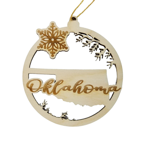 Oklahoma Wood Ornament -  State Shape with Snowflakes OK Cutout - Handmade Wood Ornament Made in USA Christmas Decor