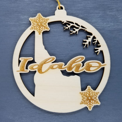 Idaho Wood Ornament -  ID State Shape with Snowflakes Cutout - Handmade Wood Ornament Made in USA Christmas Decor