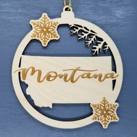Montana Ornament - State Shape with Snowflakes Cutout MT - Handmade Wood Ornament Made in USA Christmas Decor