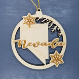 Nevada Wood Ornament -  NV State Shape with Snowflakes Cutout - Handmade Wood Ornament Made in USA Christmas Decor