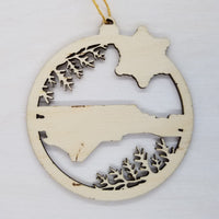 North Carolina Wood Ornament -  NC State Shape with Snowflakes Cutout - Handmade Wood Ornament Made in USA Christmas Decor