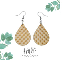 Wood Earrings - Stars Snowflakes All Over Print Engraved Teardrop Wood Earrings - Dangle Earrings - Geometric Stars Asterisks Pattern Gift