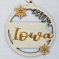 Iowa Ornament - State Shape with Snowflakes Cutout IA Souvenir - Handmade Wood Ornament Made in USA Christmas Decor