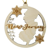 New Jersey Ornament - State Shape with Snowflakes Cutout NJ - Handmade Wood Ornament Made in USA Christmas Decor