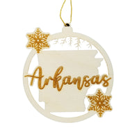 Arkansas Ornament - State Shape with Snowflakes Cutout AR - Handmade Wood Ornament Made in USA Christmas Decor