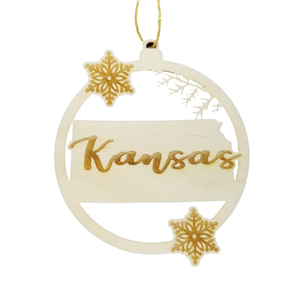 Kansas Ornament - State Shape with Snowflakes Cutout KS Souvenir - Handmade Wood Ornament Made in USA Christmas Decor