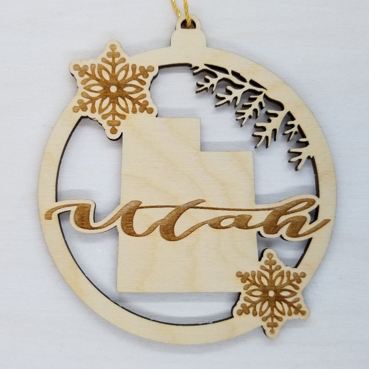 Utah Wood Ornament -  State Shape with Snowflakes UT Cutout - Handmade in USA Souvenir - 15409