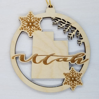 Utah Wood Ornament -  State Shape with Snowflakes UT Cutout - Handmade in USA Souvenir - 15409
