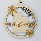 Utah Wood Ornament -  State Shape with Snowflakes UT Cutout - Handmade Wood Ornament Made in USA Christmas Decor